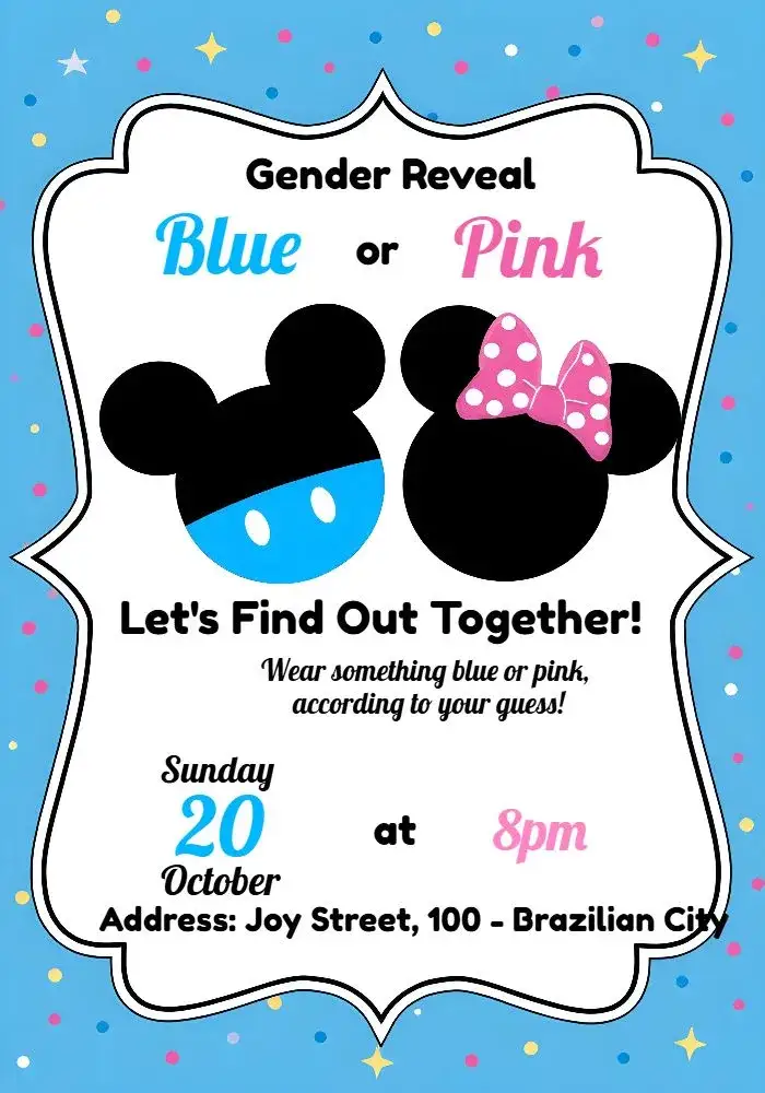 Invitation Mickey and Minnie Baby Gender Reveal – Gender Reveal theme Disney, colorful, childish, playful, animals, themed party