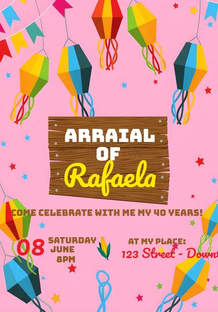 Invitation Arraial Festa Junina Bandeirolas – Commemorative Dates theme junino, colorful, festive, traditional, Brazilian, vintage