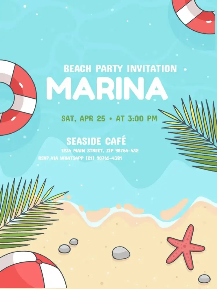 Invitation Tropical Kids Beach – Kids' Birthday Party theme tropical, colorful, navy, beach, fun, childish