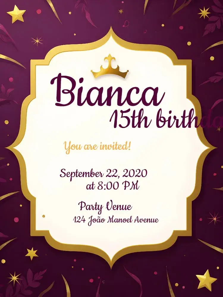 15th Birthday Princess Crown - Purple and Gold invitation