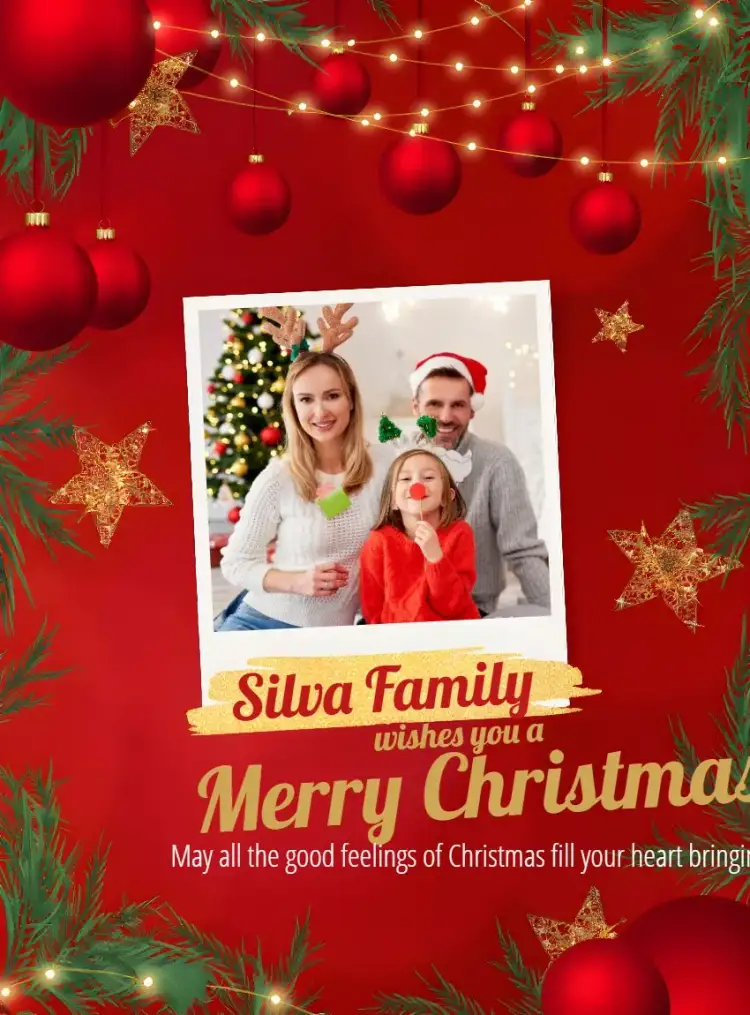 Invitation Family Christmas Card With Photo Greetings – Commemorative Dates theme red, golden, floral, classic, modern, familiar