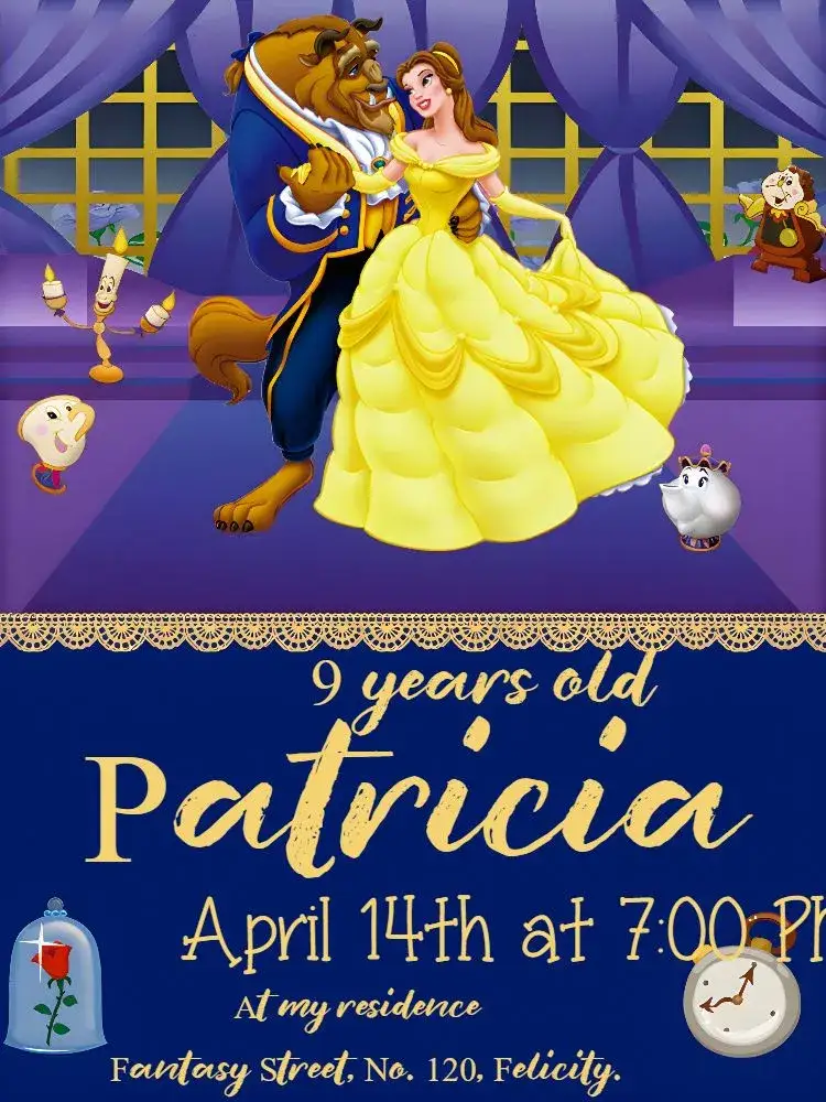 Invitation The Golden Beauty And Beast – Baptism theme golden, fairy tales, childish, luxurious, elegant, romantic