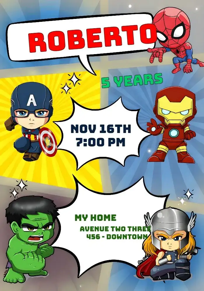 Invitation Avengers Toy Marvel – Most searched for theme colorful, bright, fun, youthful, modern