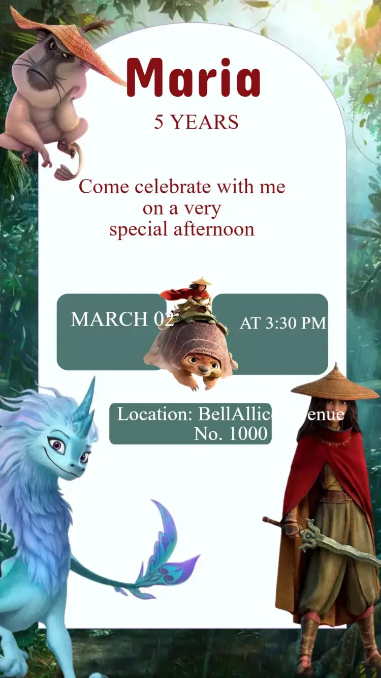 Invitation Birthday Invitation Raya – Kids' Birthday Party theme vibrant colors, modern style, adventure-themed graphic elements, inspired by fairy tales, playful design, charming illustrations