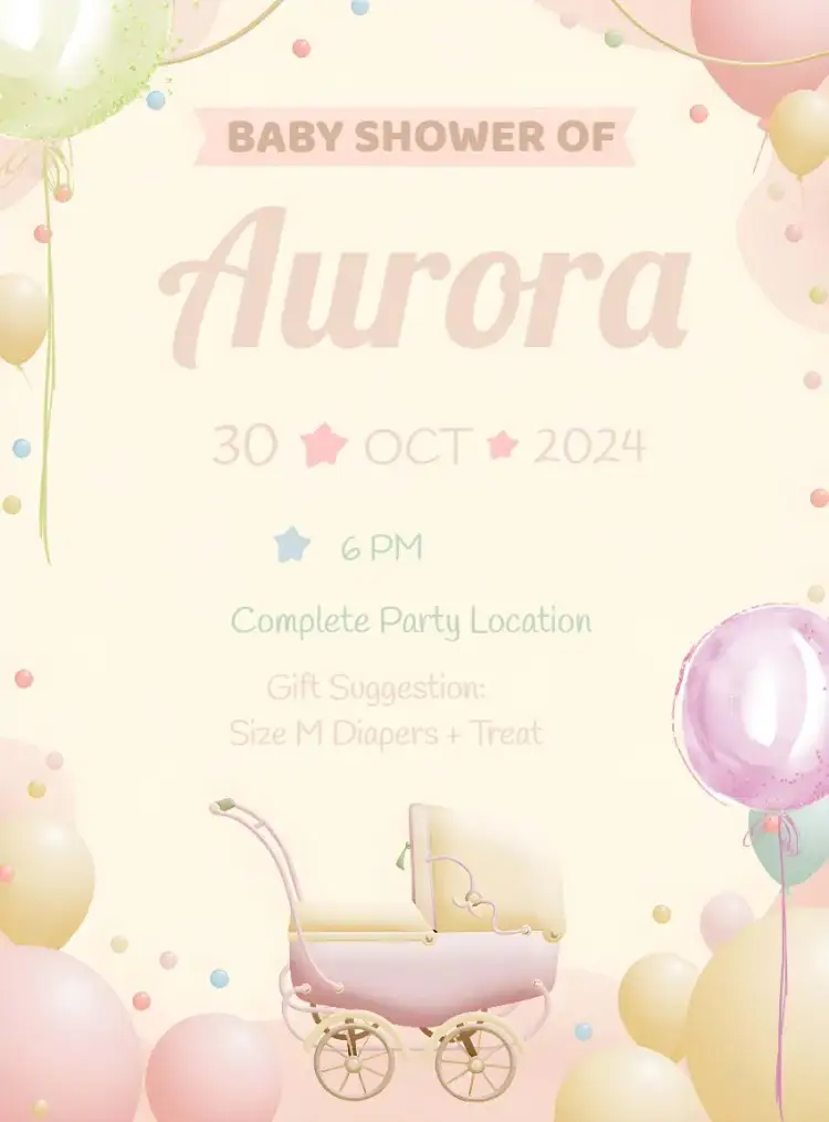 Invitation Baby Shower Watercolor Stroller – Diaper Shower theme aquarela, delicate, childlike, pink, balloons, soft
