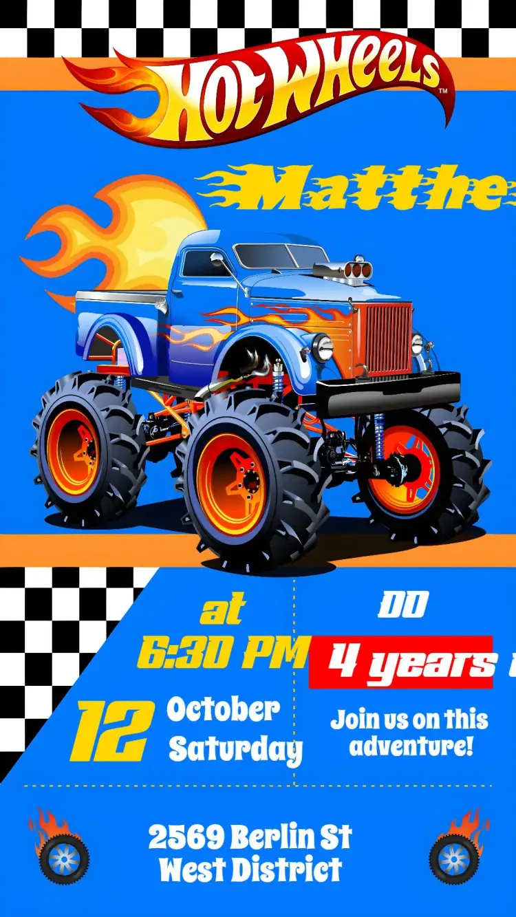 Invitation Hot Wheels – Birthday theme vibrant, modern, themed, childlike, fun