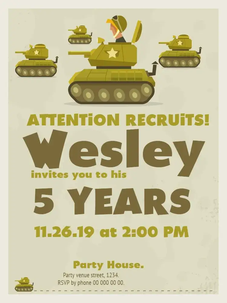 Invitation Green War Tank – Kids' Birthday Party theme green, war-themed, stars, playfulness, adventure, youthful