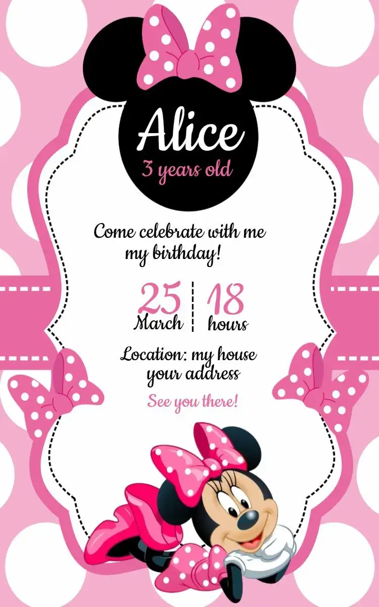 Invitation Minnie 5 – Birthday theme pink, fun, playful, Disney, colorful, feminine