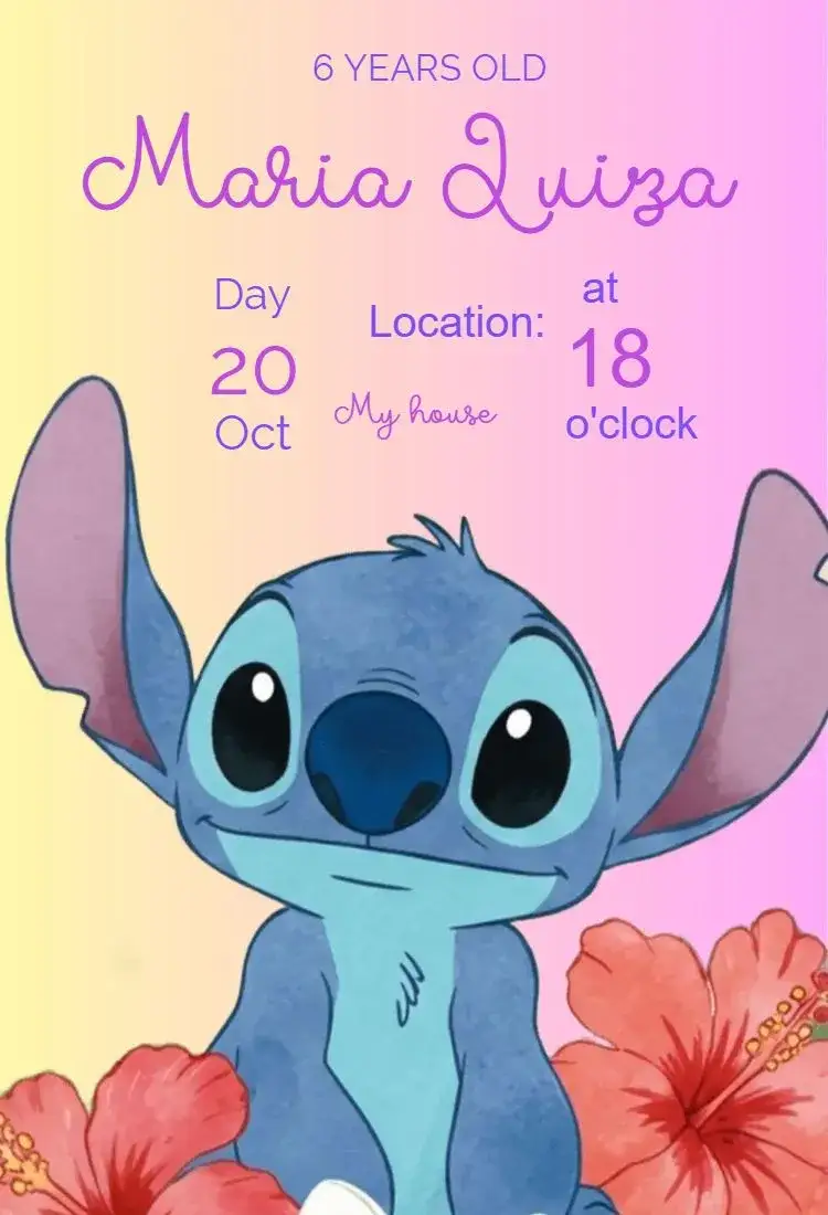 Invitation Children's birthday invitation with Stitch and flower – Kids' Birthday Party theme colorful, fun, tropical, floral, childish, modern