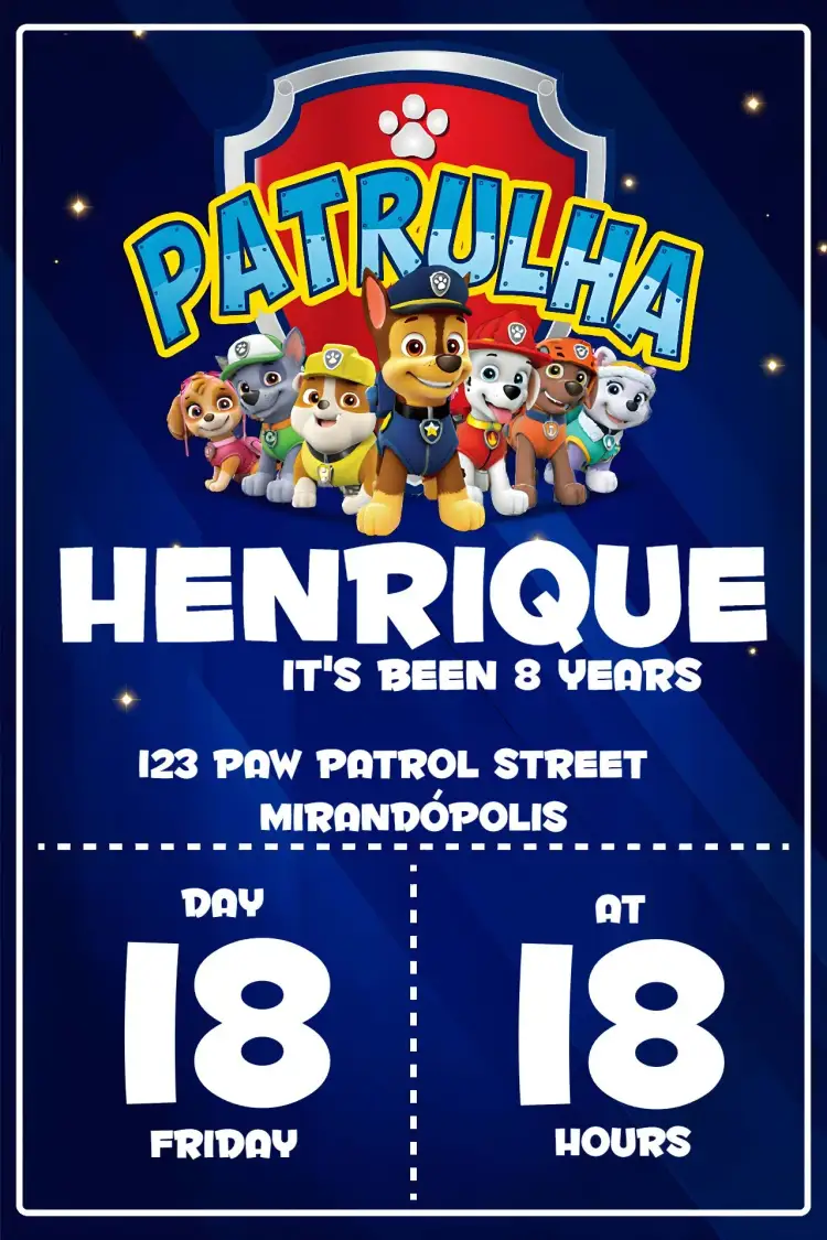 Invitation Paw Patrol – Kids' Birthday Party theme children's theme, vibrant colors, graphic drawing elements, modern, fun, colorful