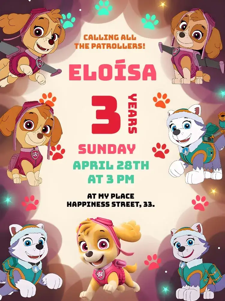 Invitation Paw Patrol Chase – Kids' Birthday Party theme colorful, fun, childish, animal illustrations, adventure theme