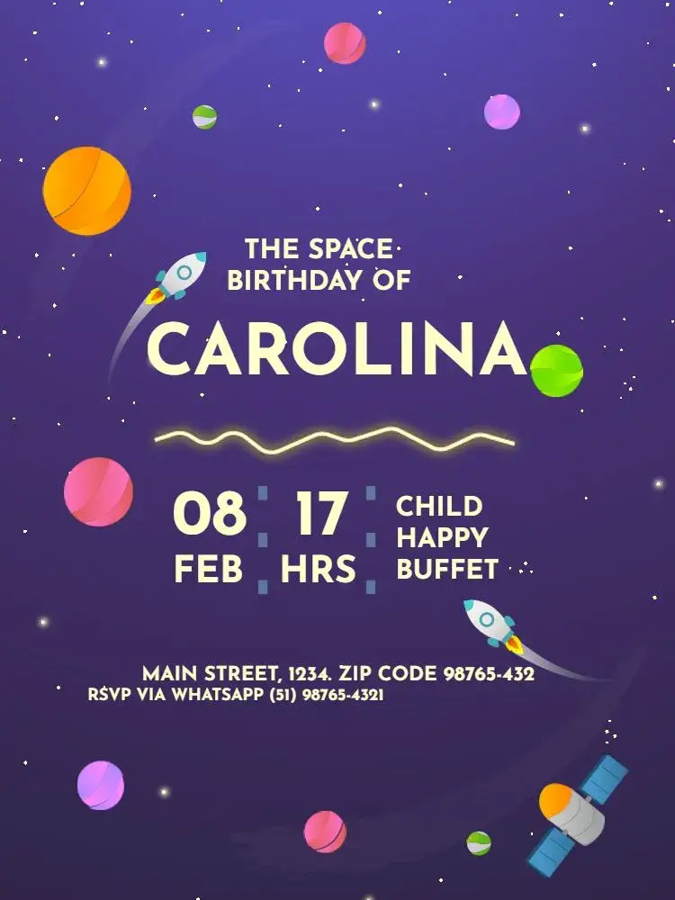Kids Purple Space Rocket invitation