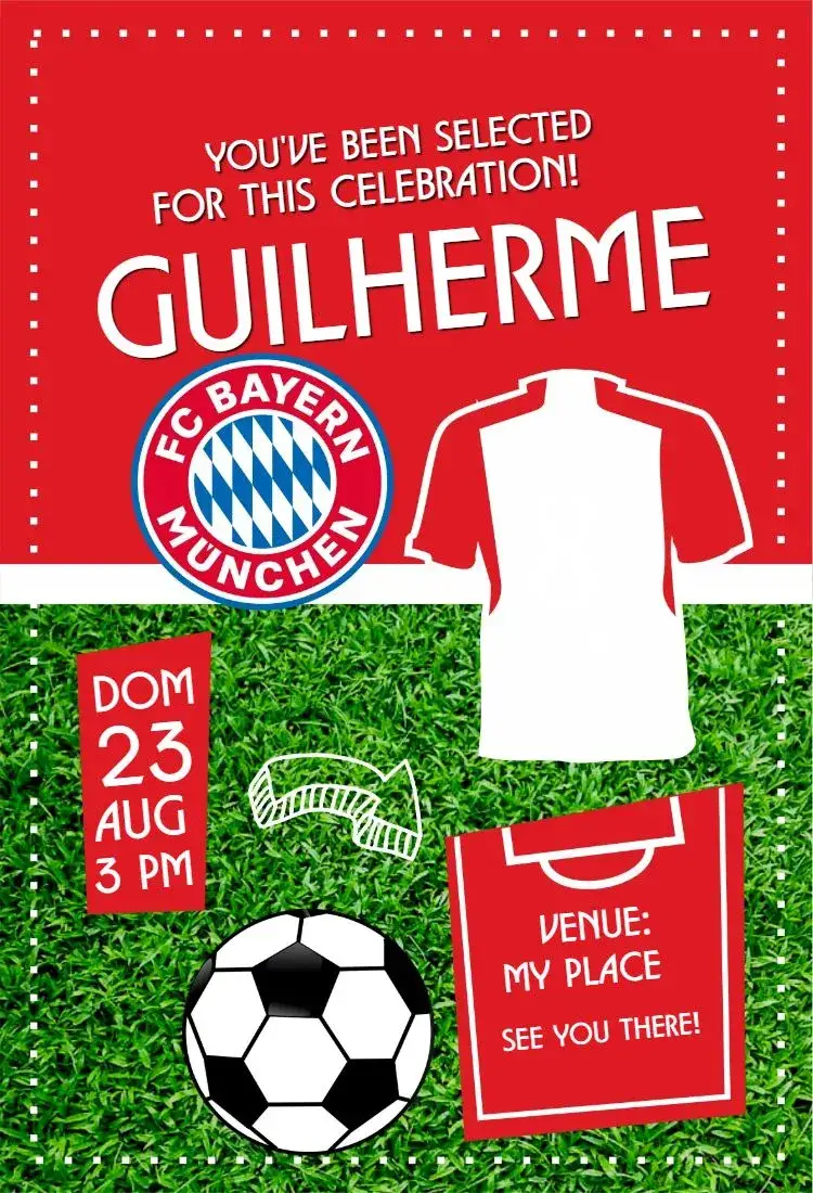 Invitation Bayern Munich shirt – Birthday theme red and white, football, modern, sporty, dynamic
