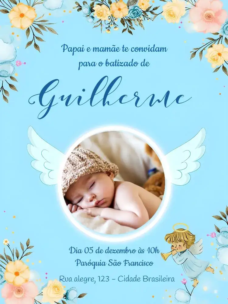 Invitation Baptism Little Angel With Blue Photo – Baptism theme blue, white, golden, children's, angels