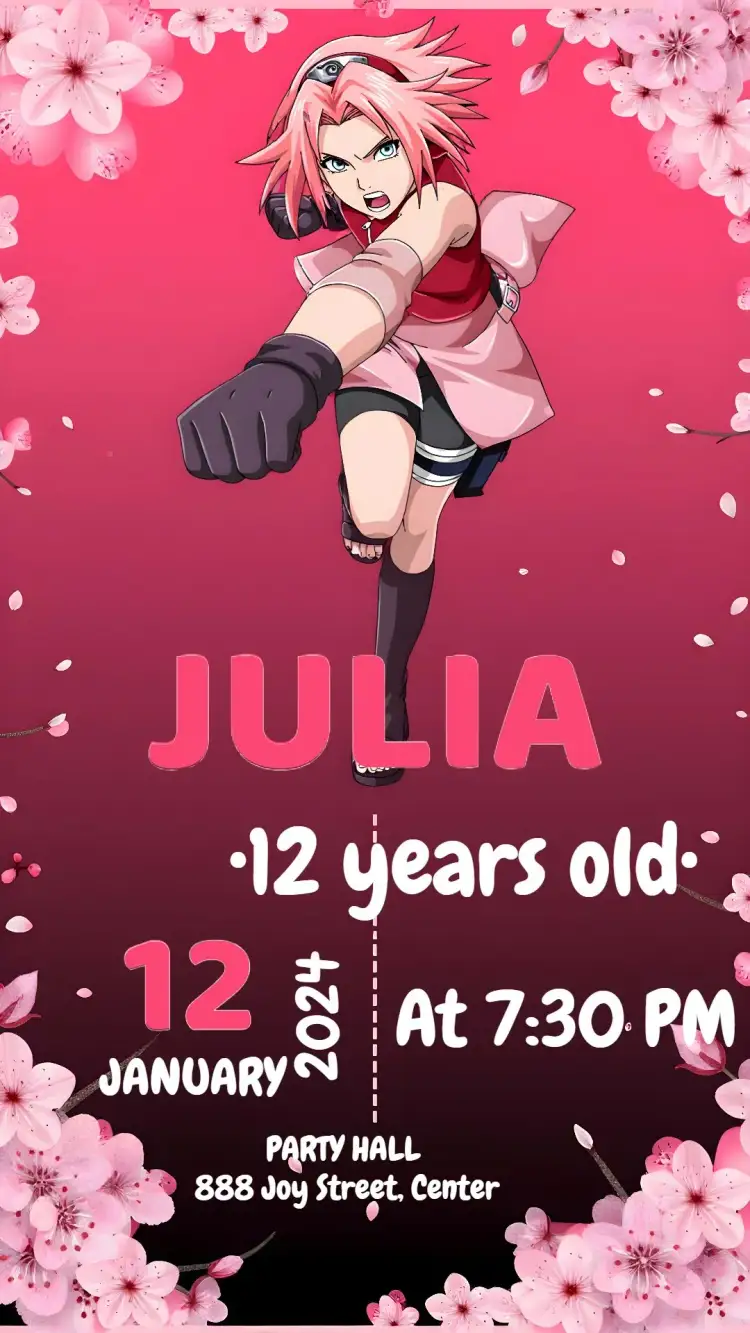 Invitation Sakura Haruno Naruto Anime – Kids' Birthday Party theme anime, pink, floral, modern, colorful