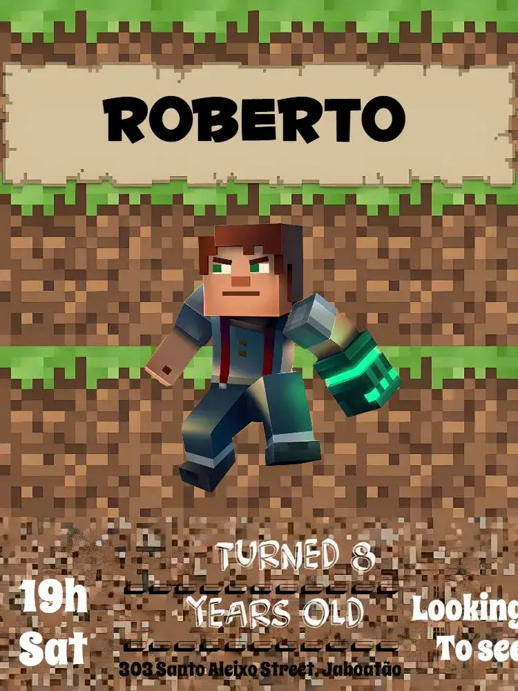 Invitation Minecraft Brown – Birthday theme Minecraft, pixelated, fun, colorful, themed, game