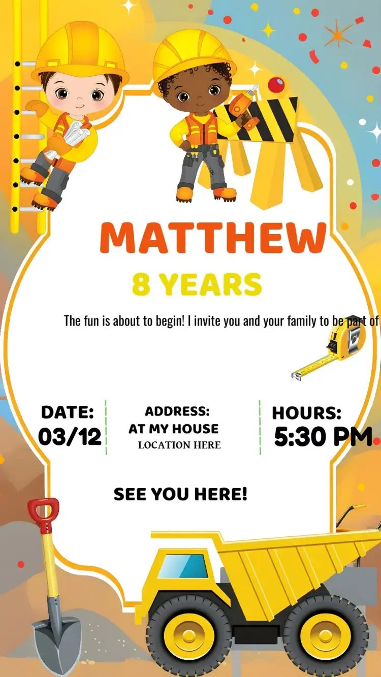 Invitation Dump Truck Construction – Raffle Tea theme vibrant colors, construction graphic elements, childish style, construction theme, fun design, vehicle illustrations