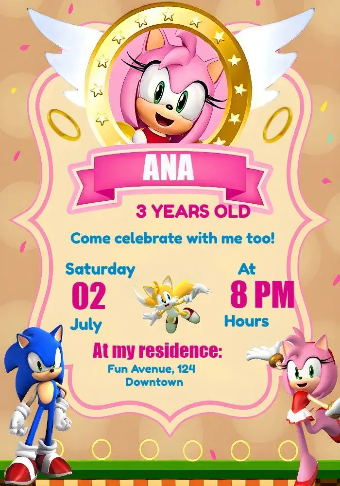 Invitation Amy Rose Sonic Games – Most searched for theme colorful, games, cartoon, fun, modern, childish