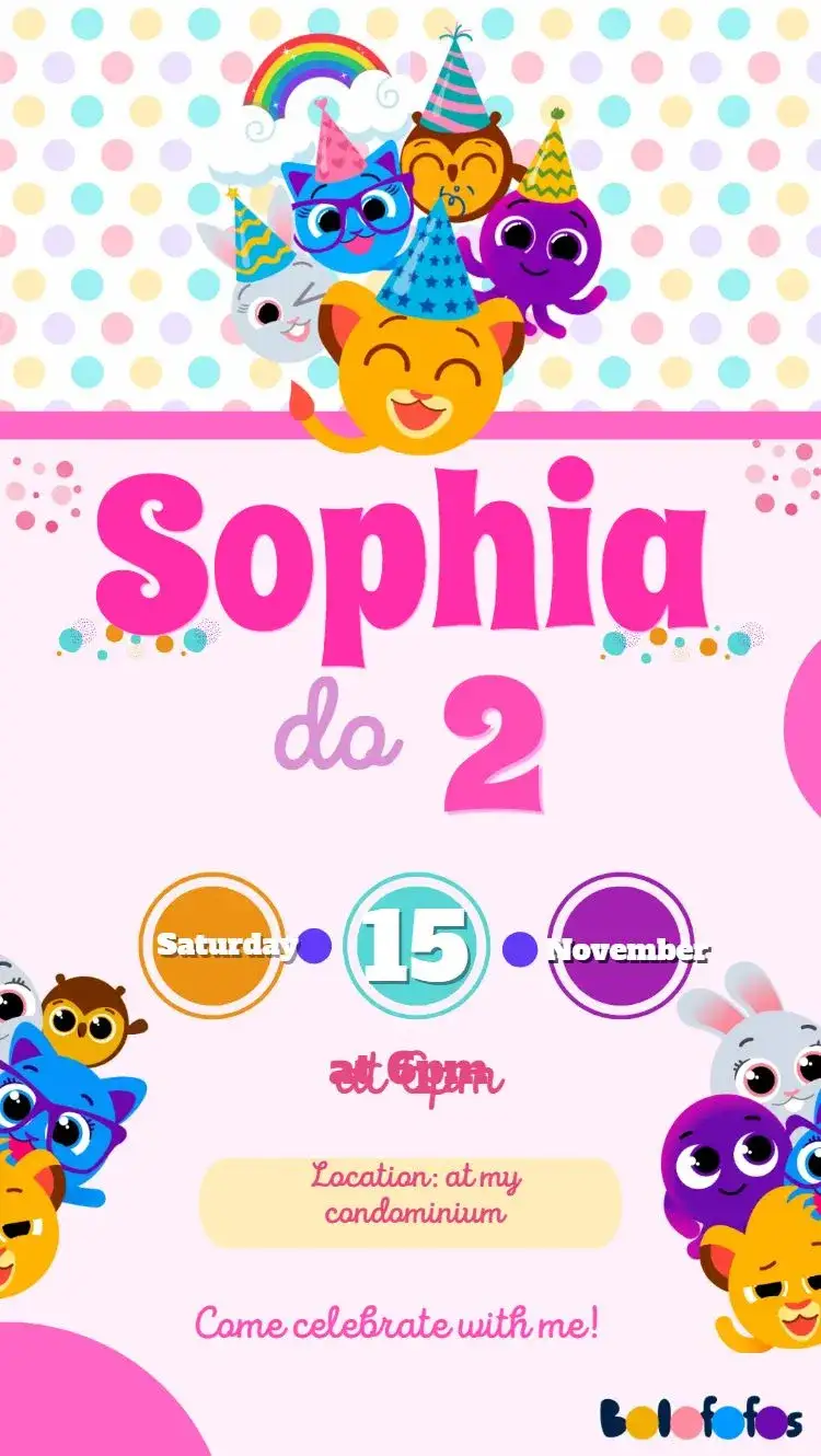 Invitation Bolofofos – Kids' Birthday Party theme colorful, playful, cute, childish, fun