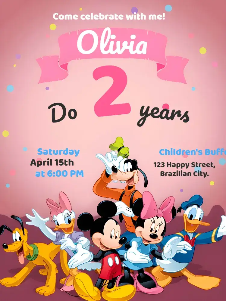 Invitation Mickey Mouse Girls' Class – Kids' Birthday Party theme pink color, playful style, fun graphic elements, soft colors, Disney-inspired, modern design