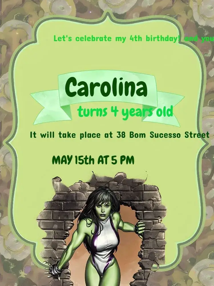 Invitation She Hulk Do – Kids' Birthday Party theme colorful, superheroes-themed, fun-filled, modern, childish, lively