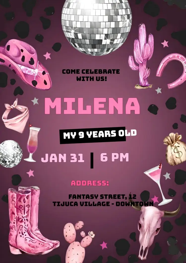 Invitation Ana Castela Cowgirl – Kids' Birthday Party theme rustic, themed, colorful, countryside, playful
