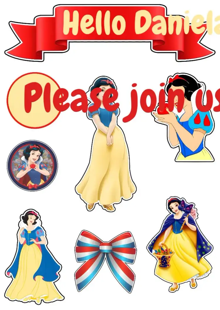 Invitation Top Snow White Cake Topper Bow – Cake topper theme vibrant colors, childish style, fantasy elements, themed decoration, cheerful design, inspired by fairy tales
