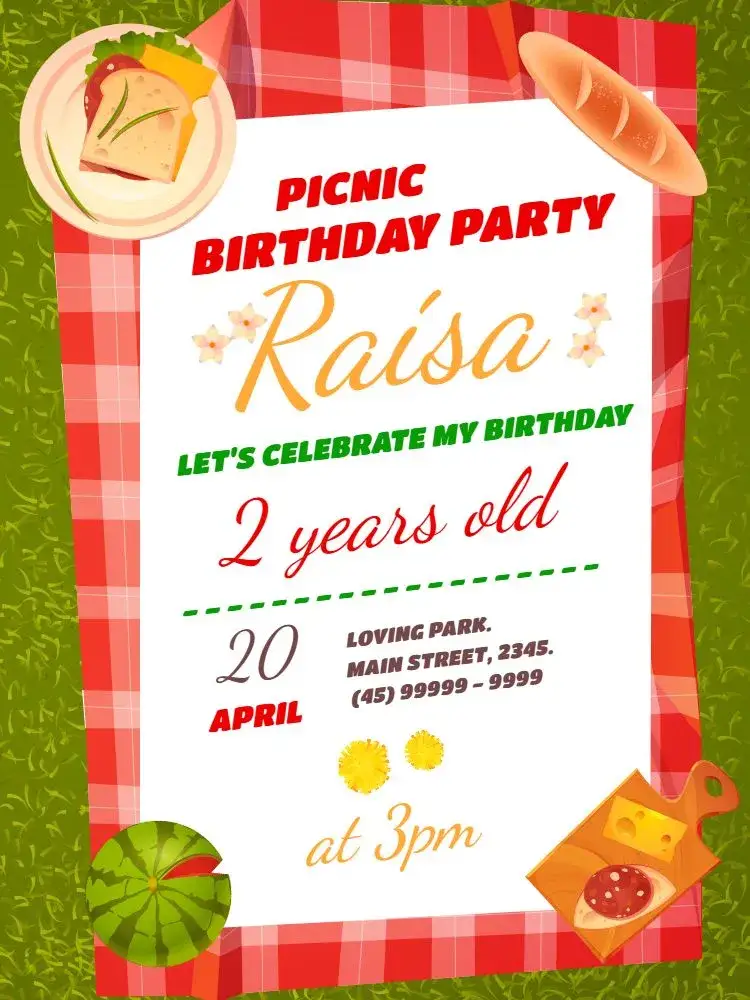 Invitation Fun Picnic – Kids' Birthday Party theme colorful, fun, playful, fruity, nature-themed, outdoor party