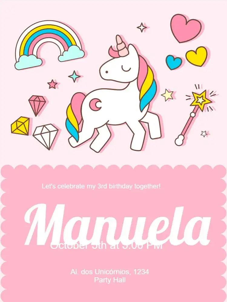 Invitation Celebration – Kids' Birthday Party theme pink, unicorn, fantasy, magical, colorful, playful