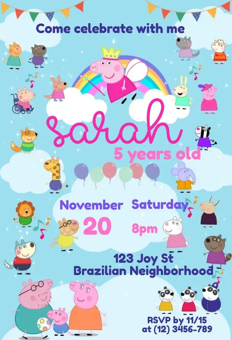 Invitation Peppa Pig and Friends – Kids' Birthday Party theme colorful, fun, childish, themed, cartoon, cheerful