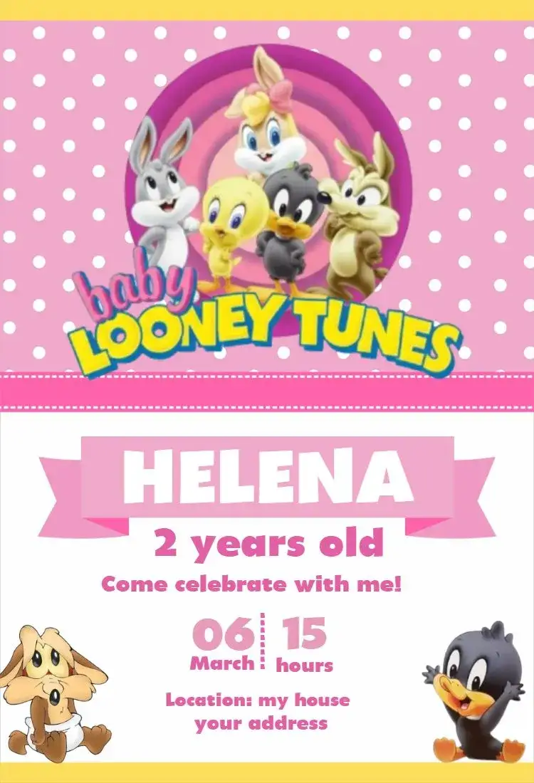 Invitation Looney Tunes Baby Girl – Kids' Birthday Party theme pink, fun, childish, colorful, character illustrations, cartoon style