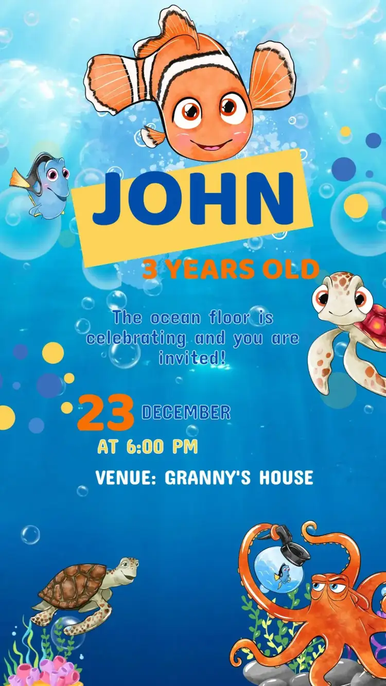 Invitation Finding Nemo Birthday Invitation – Kids' Birthday Party theme navy, colorful, fun, animated illustrations, cartoon style, vibrant