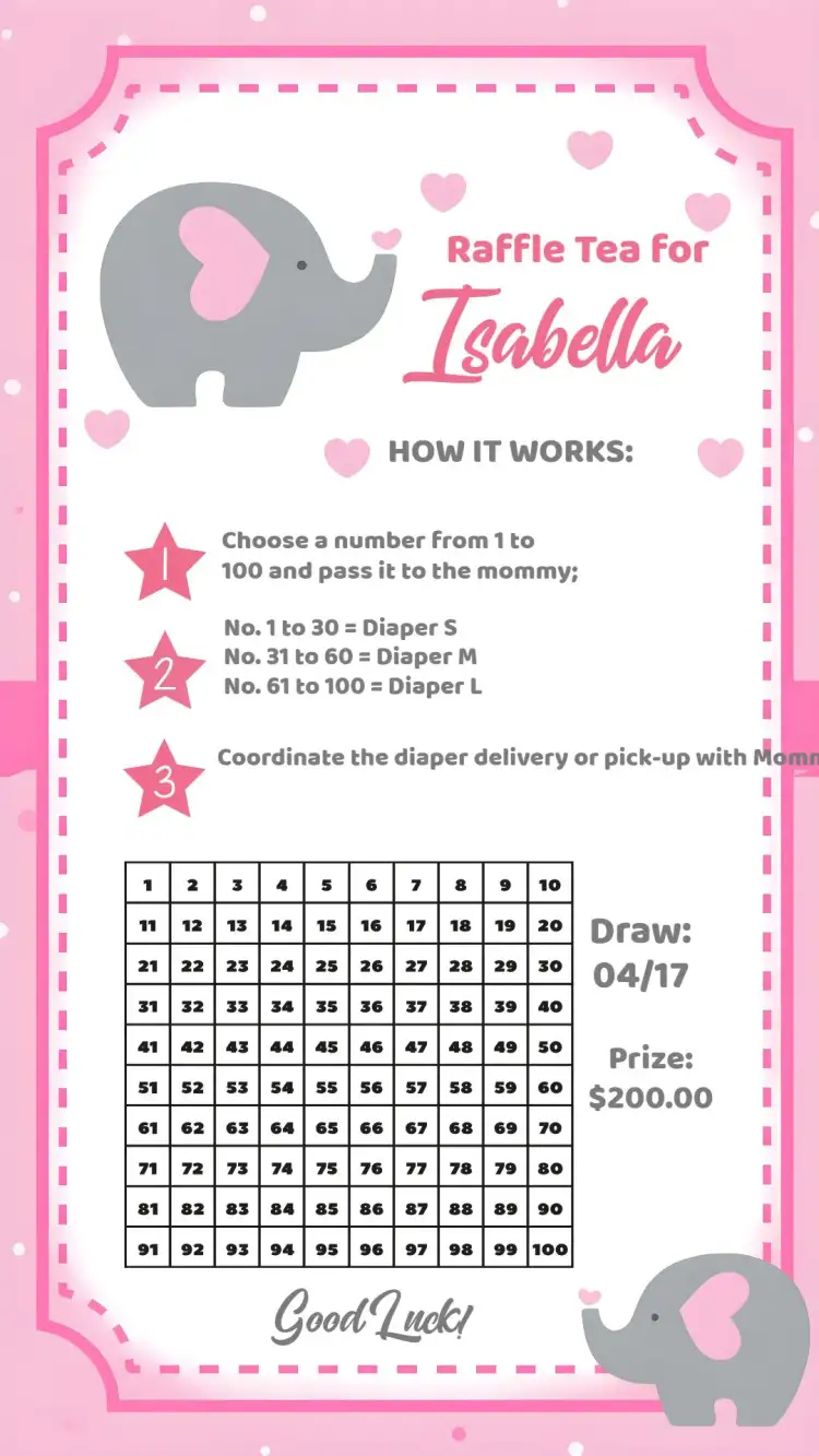 Invitation Elephant Baby Shower Raffle Tea – Raffle Tea theme pink and white, little elephant, stars, hearts, playful, fun