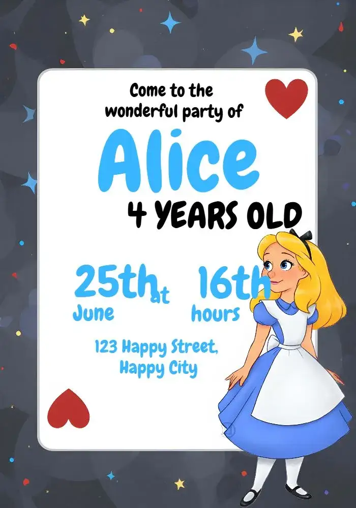 Invitation Alice In Wonderland Blue – Commemorative Dates theme fantasy, playful, blue and white, childlike illustrations, fairy tale style, enchanted visuals