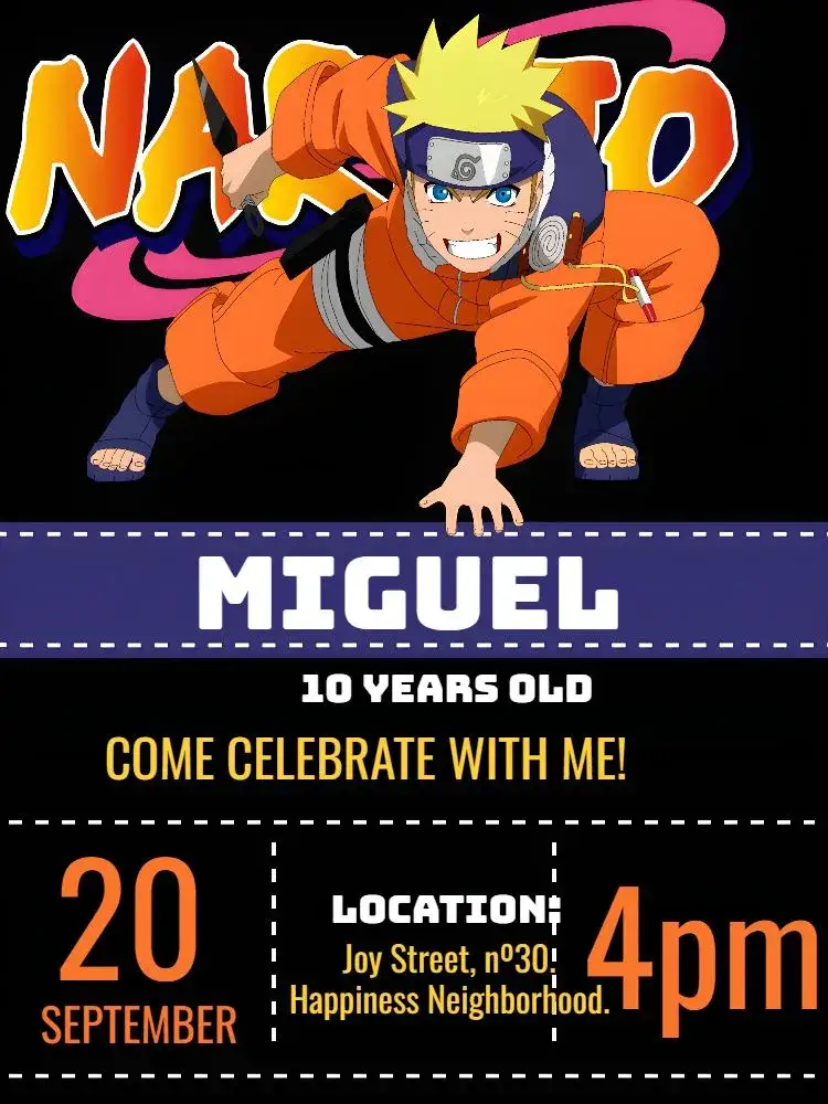 Invitation Naruto Anime – Kids' Birthday Party theme anime, Naruto-themed, vibrant colors, modern style, anime graphic elements, fun design