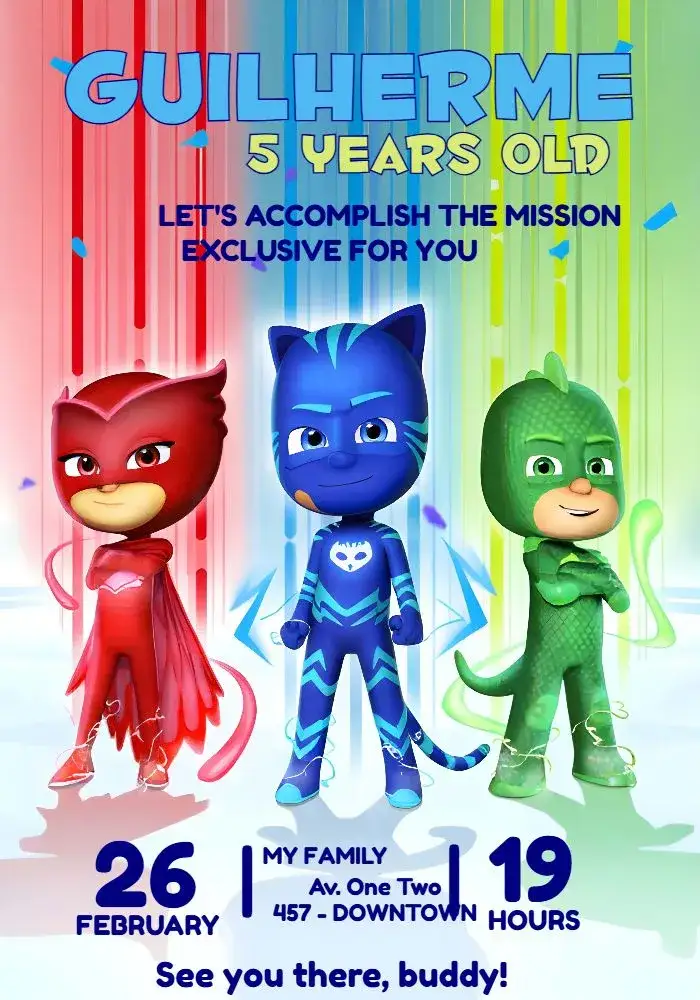 Invitation Pj Masks Boy – Most searched for theme blue, superheroes, children's theme, fun, adventure