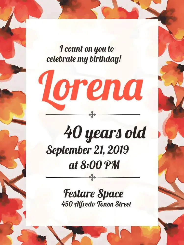 Invitation Floral - Orange and White Adult – Birthday theme floral, vibrant, modern, elegant, relaxed, colorful