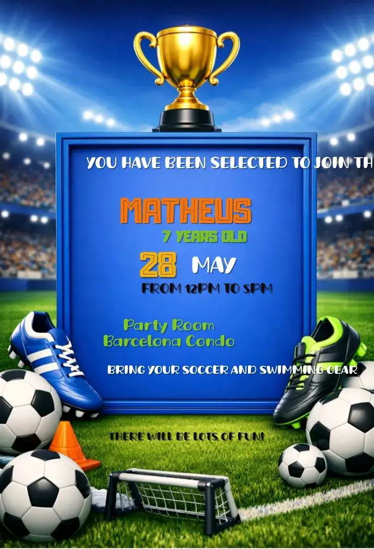 Invitation Soccer World Cup – Birthday theme vibrant colors, sporty style, football graphic elements, modern design, thematic illustrations, dynamic details