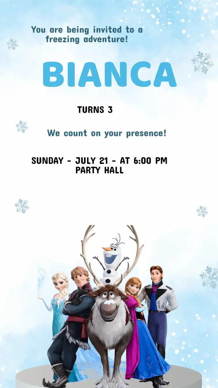 Invitation Frozen Princesses Kids Invitation - Editable and Personalized – Kids' Birthday Party theme light blue, white, princess illustrations, ice elements, playful style, magical touches