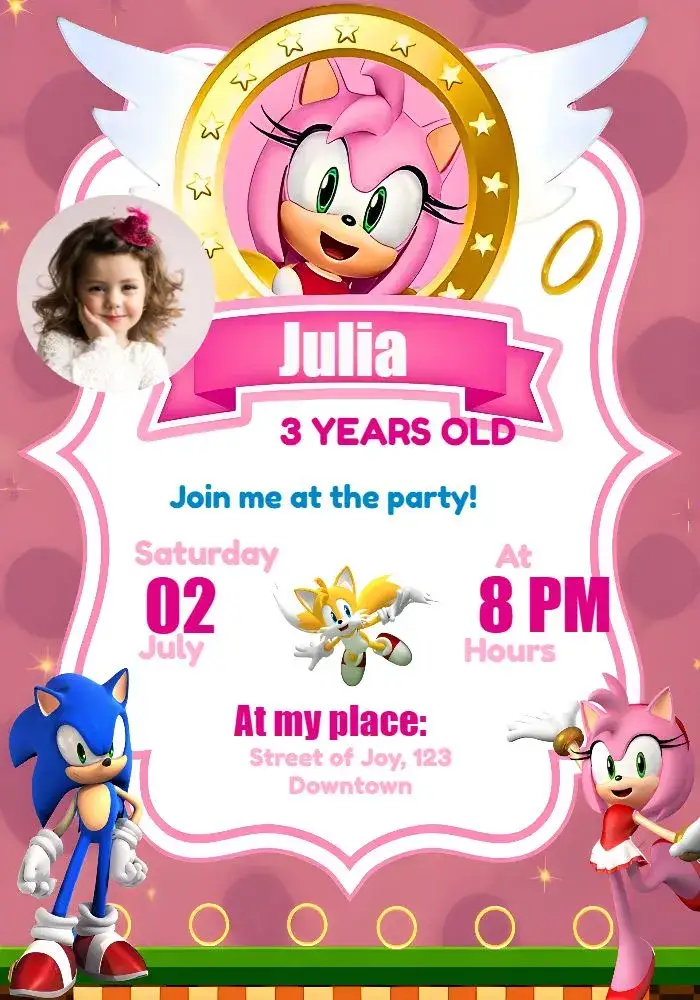 Invitation Amy Rose Sonic With Blue Photo – Most searched for theme blue, pink, vibrant, games, childish, fun