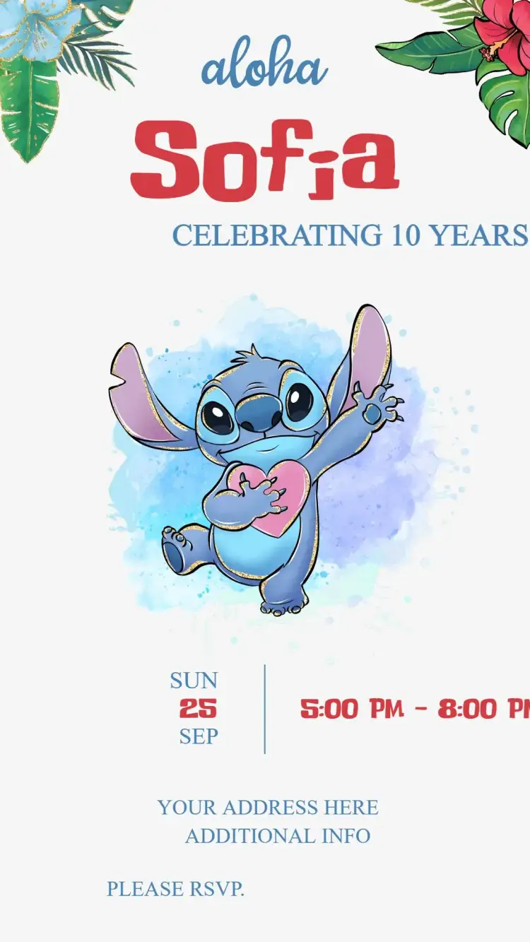Invitation Stitch – Kids' Birthday Party theme colorful, fun, tropical, lively, character illustrations, cartoon style