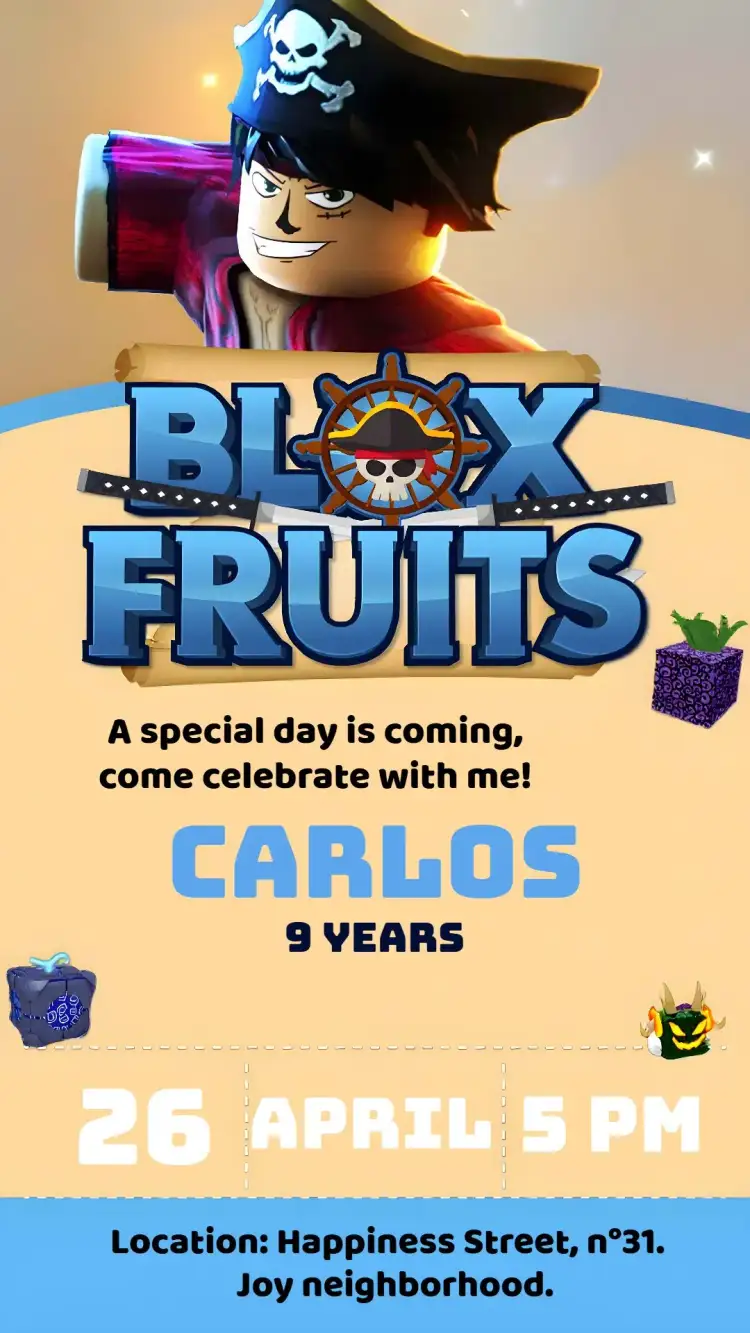 Invitation Blox Fruits Robux – Kids' Birthday Party theme colorful, playful, modern, fun, game-themed, character illustrations