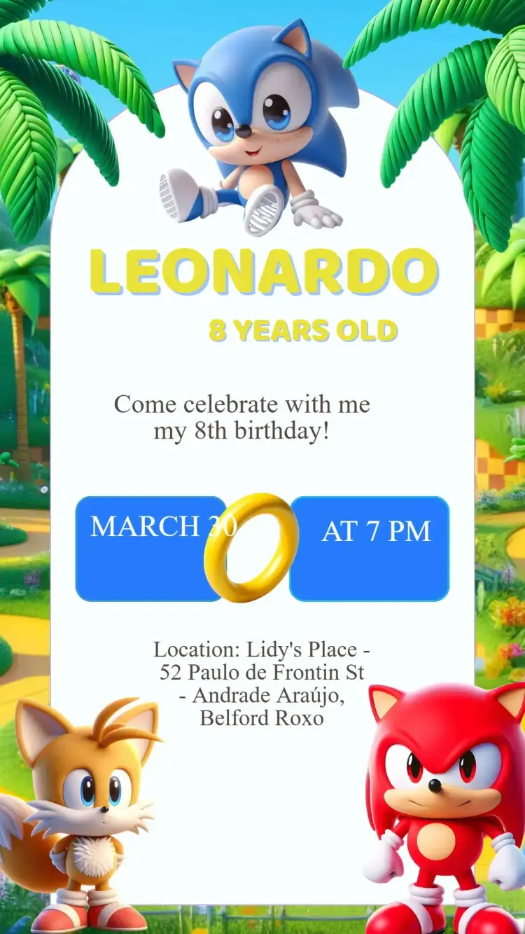 Invitation Sonic Birthday Invitation – Kids' Birthday Party theme vibrant blue, gaming style, Sonic graphic elements, primary colors, fun design, animated illustrations