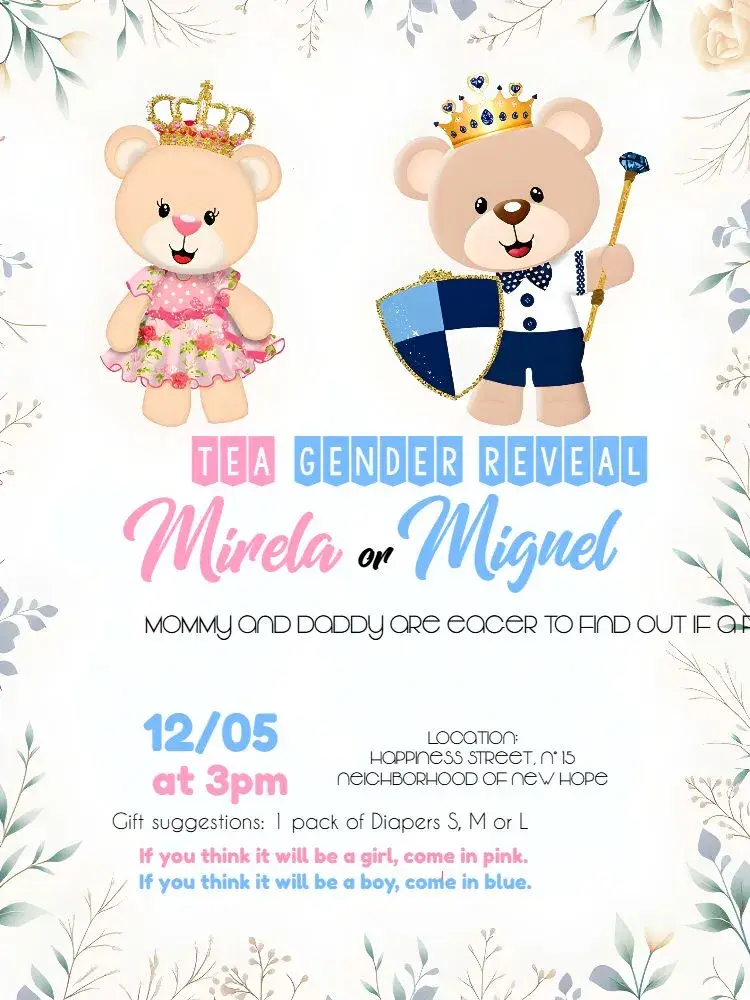 Teddy Bear Royalty Watercolor Gender Reveal Tea Party invitation