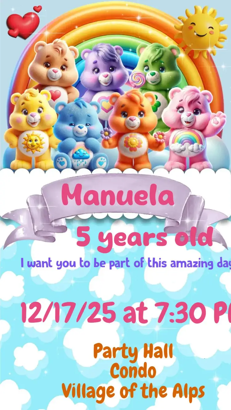Invitation Care Bears – Kids' Birthday Party theme colorful, fun, childish, cute, animal illustrations, teddy bears theme