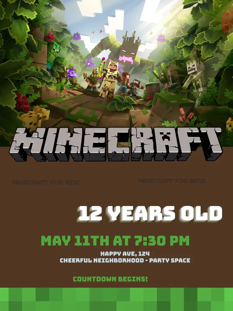 Invitation Kids Minecraft – Kids' Birthday Party theme Minecraft, fun, pixelated, adventure, game