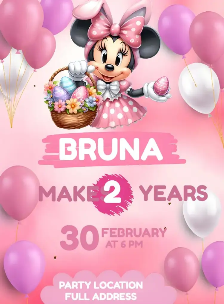 Invitation Minnie Mouse Easter Pink – Commemorative Dates theme colorful, childlike, fun-filled, feminine, festive, cheerful