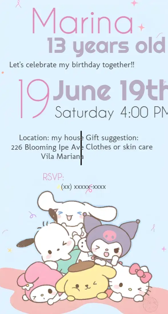 Invitation Hello Kitty Sanrio Kuromi – Most searched for theme vibrant colors, playful style, cute elements, inspired by characters, modern design