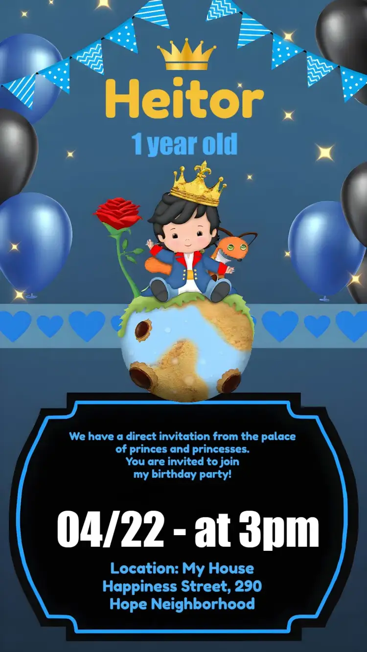 Invitation Little Prince Royalty – Commemorative Dates theme blue, golden, white, children's, elegant, fantasy
