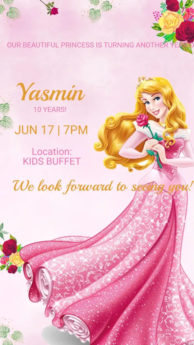 Invitation Children's Birthday Invitation Princess Aurora – Kids' Birthday Party theme enchanted, floral, colorful, fantasy, romantic, classic